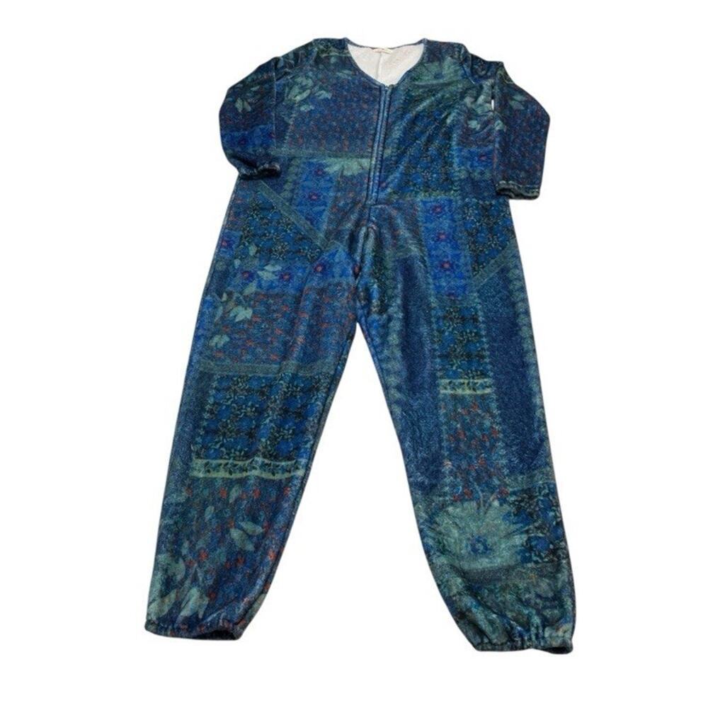 Natural Life Fleece One Piece Lounge Comfort Pajamas Blue Patchwork SO SOFT S/M - Picture 6 of 11